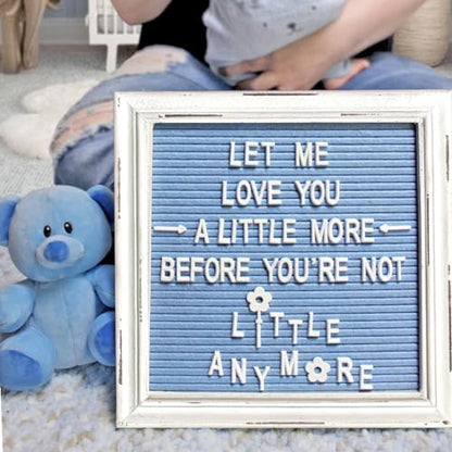 Blue Felt Letter Board Baby Announcement Sign with Rustic Wood White Frame - Rustic Farmhouse Letter Board Sign with Stand - 10x10 Felt Board Changeable Message Board with 350 Letter Set - color: Blue, size: 10x10 inches