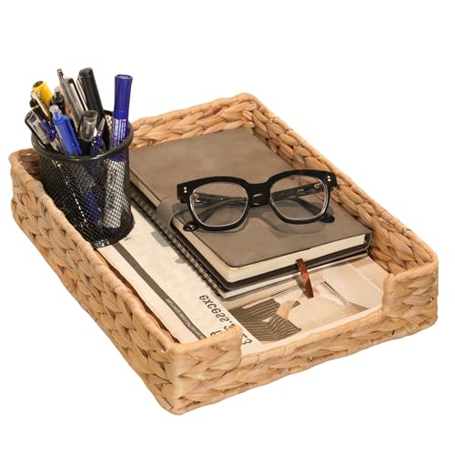 PINXIURY Water Hyacinth Letter Tray for A4 File Desk Mail Letter-Size Paper, Basket Woven Organizer, Magazine Files Storage, Office Document Organizer and Storage - color: Natural