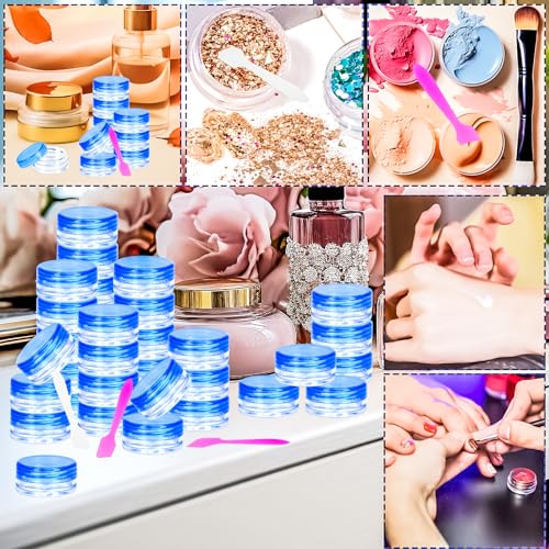 100 Pcs 3g Empty Plastic Containers with Lids,Tiny Makeup Sample Containers, Small Pot Jars Blue Round Cosmetic Jars with 20 Pcs Mini Spatulas for Liquid Sample Powder Creams (Blue Lid) - color: Blue, size: 100PCS