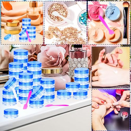 100 Pcs 3g Empty Plastic Containers with Lids,Tiny Makeup Sample Containers, Small Pot Jars Blue Round Cosmetic Jars with 20 Pcs Mini Spatulas for Liquid Sample Powder Creams (Blue Lid) - color: Blue, size: 100PCS