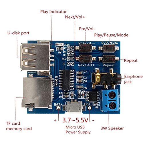 HiLetgo TF Card U Disk Play MP3 Decoder Player Module with Audio Amplifier Audio Decoding Player Module Micro USB 5V Power Supply (Pack of 2) - size: Small (Pack of 2)