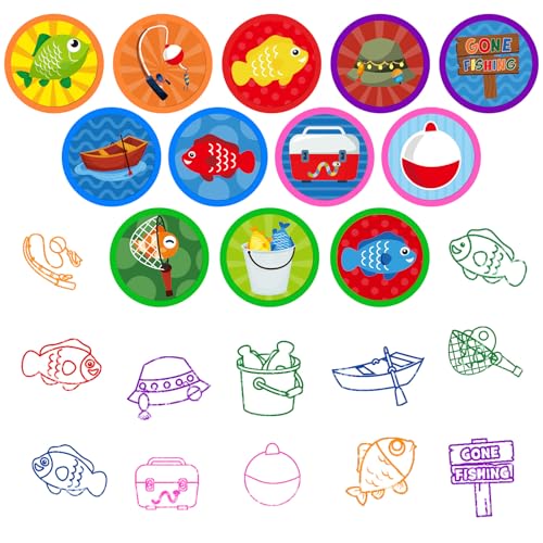 Cinrobiye 24 Pcs Gone Fishing Stampers Party Favor Set, Cute Fishing Theme Stamps for Kids Birthday Party, Classroom Rewards, Carnival Prizes, Goody Bag Fillers, Outdoor Adventure Party Supplies - color: Gone Fishing