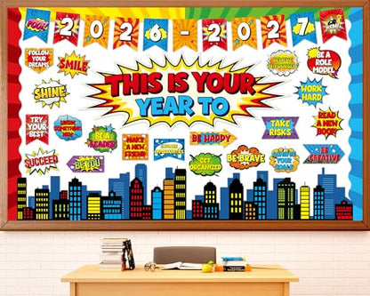 This is Your Year Bulletin Board Set Super Themed Classroom Decoration Inspirational Hero Welcome Back to School Decoration Cutouts for Back to School Office Classroom Home Chalkboard Wall Door Decor - style: This is Your Year to