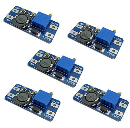 MT3608 DC-DC Step Up Boost Power Converter Adjustable 2A Module Step Up Voltage Regulator Board Input 2-24V to Output 5V-28V (Pack of 5)