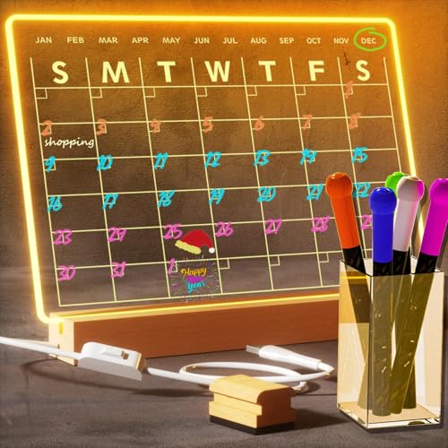 Light Up Clear Dry Erase Calendar 13 x 9 inch with 5 Markers, Acrylic Lighting Markable Calendar Board Agenda for Bedroom/Office/Home/Kitchen - style: Calendar