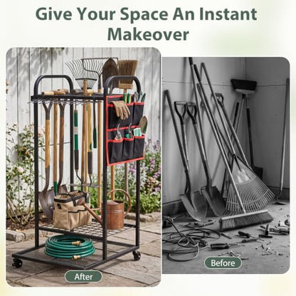 Chumia Garden Tool Organizer for Garage Storage, Heavy Duty Rolling Yard Tool Rack with Wheels and Side Bag, 3-Tier Rust-Resistant Metal Utility Cart for Shovels Rakes Brooms Shed Garage Outdoor