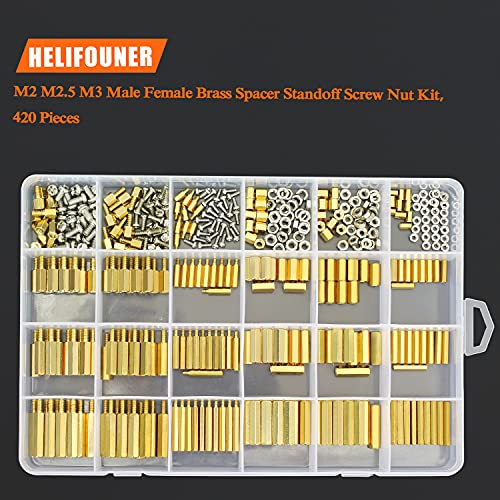 HELIFOUNER 420 Pieces M2 M2.5 M3 Male Female Hex Brass Spacers Standoffs Screws Nuts Assortment Kit with a Tweezers - size: M2 M2.5 M3 Brass Standoff Kit
