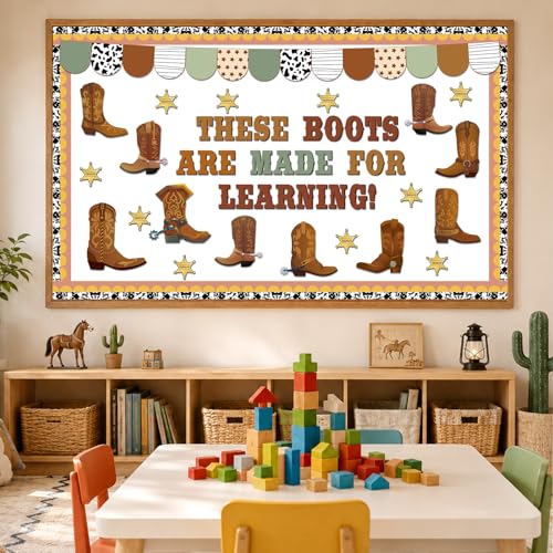 Western Cowboy Bulletin Board Decoration Set Wild Western Cowboy Boot Paper Cutouts These Boots are Made for Learning Brown Bulletin Board Border Set for Back to School Chalkboard Wall Decor Supply - style: Western Cowboy