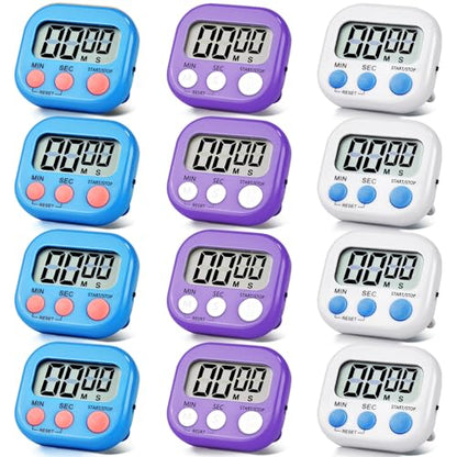 12 Pack Digital Kitchen Timer Magnetic Digital Timer with Big Display Loud Ring Cooking Timers for Kitchen Electronic Timer for Cooking, Bathing, Gym, Break Time, Classroom(12,White,Blue,Purple) - color: White,blue,purple