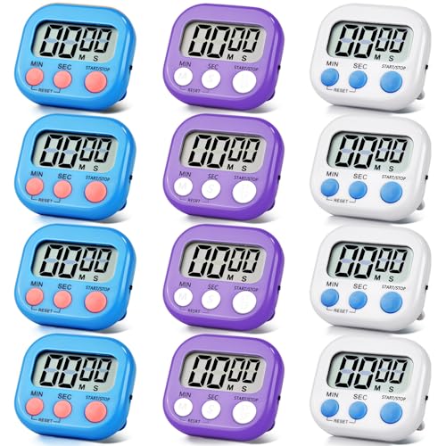 12 Pack Digital Kitchen Timer Magnetic Digital Timer with Big Display Loud Ring Cooking Timers for Kitchen Electronic Timer for Cooking, Bathing, Gym, Break Time, Classroom(12,White,Blue,Purple) - color: White,blue,purple