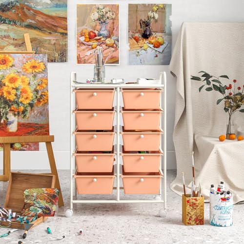 COSTWAY 10 Drawer Rolling Storage Cart, Utility Cart with Lockable Wheels - color: Peach, size: 10 Drawer