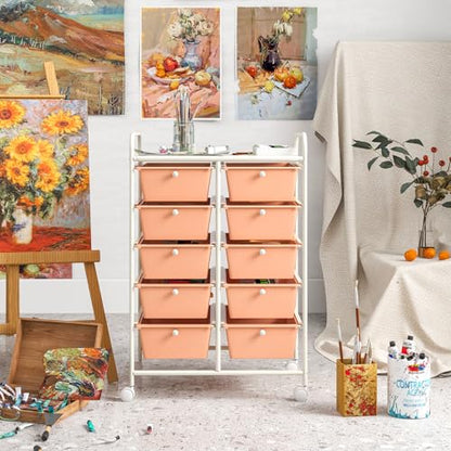 COSTWAY 10 Drawer Rolling Storage Cart, Utility Cart with Lockable Wheels - color: Peach, size: 10 Drawer