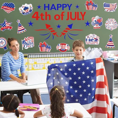 48Pcs 4th of July Cut-Outs, Red White Blue Patriotic Theme Party Cutouts Cartoon USA Flag Stars Firework Paper Cutouts for Independence Day Home School Classroom Office Bulletin Board Wall Decor - style: 4th of July