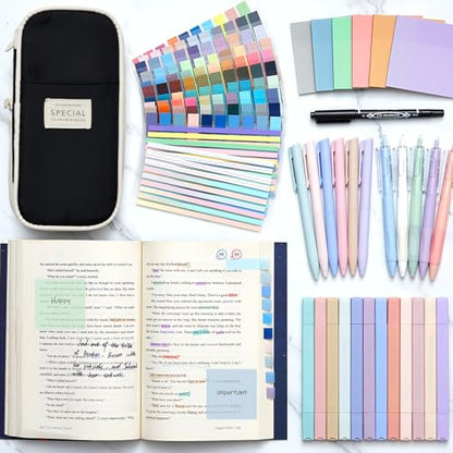 135 Pcs Book Annotation Kit with Pencil Case, 12 Pastel Highlighters, 11 Gel Pens, Fine Marker, 300 Transparent Sticky Notes, 2640 Index Tabs, Bible Study Supplies Kit(Classic,Black) - color: Black, style: Classic