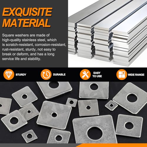 100Pcs 15 Sizes M3-M14 304 Stainless Steel Square Plate Washers Assortment Kit Square Bearing Plate Washer Square Washer Flat Washer Fastener for Construction and Industrial Equipment