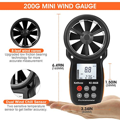 Kethvoz Anemometer, Digital Wind Speed Meter & CFM Air Flow Tester - Handheld Device to Measure Wind Velocity, Temperature, CFM for HVAC, Drone Flying, Sailing, Hunting - color: Handheld Wind Meter 866B