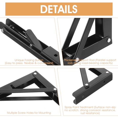 4 Pcs Folding Shelf Brackets, 10 Inch Heavy Duty Metal Foldable Triangle Wall Mounted Table Hinge, Space Saving Black Brackets for Bench Table DIY with Screws