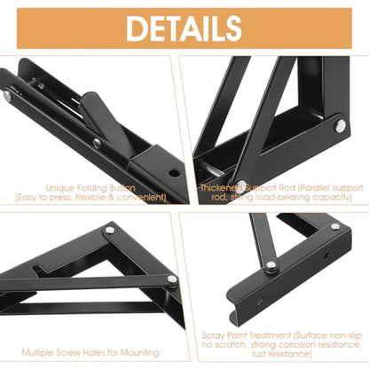 4 Pcs Folding Shelf Brackets, 10 Inch Heavy Duty Metal Foldable Triangle Wall Mounted Table Hinge, Space Saving Black Brackets for Bench Table DIY with Screws