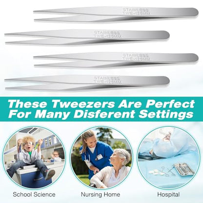 WILLBOND 10 Pcs Stainless Steel Tweezers Long Lab Forceps Flat Round Tip