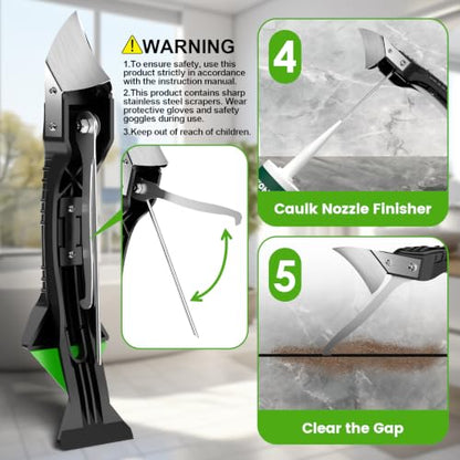 Goopreen 5 in 1 Caulking Tool Silicone Caulking Grout Removal Sealant Finishing Tool with Stainless Steel Head, 6 Replaceable Pads, Gap Seam Repair Kit for Kitchen Bathroom Sink Toilet Caulking - color: Green