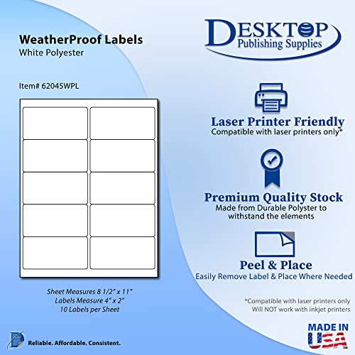 100 Printable Waterproof Labels - 4" x 2" - 10 Sheets (10 Per Page) - Blank Polyester Weatherproof Shipping/Bottle Labels for Laser Printers - size: 10 Sheets / 100 Labels