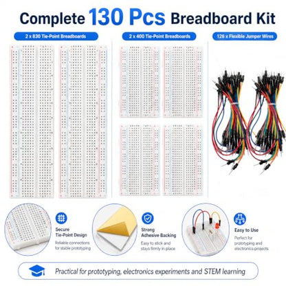 Breadboard Kit with 2 Pcs 830 Tie-Point Solderless Bread Boards, 2 Pcs 400 Tie-Point Protoboards and 126 Pcs Flexible Jumper Wires for Arduino, Raspberry Pi, STEM Electronics Projects