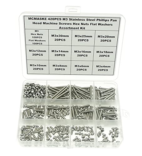 420PCS 304 SS M3 Phillips Pan Head Machine Screws Nuts Washers Kit - size: M3