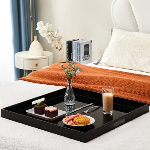 Black Acrylic Serving Tray 17×17 inches Large Decorative Ottoman Tray with Cutout Handles Organizer Tray on Coffee Table Countertop Big Breakfast Bed Tray Living Room Appetizer Sevring Food and Drink - color: Glossy Black, size: 17" x 17" x 2"