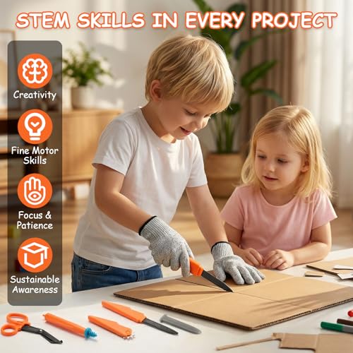 SainSmart Jr. Cardboard Tools for Kids with Safe Cutter, Tool Box & Tape Measure, 120 PCS Cardboard Construction Kit for Family & Classroom Activities | Reusable Cutting Tools for Boys & Girls Age 5+ - size: 120 PCS