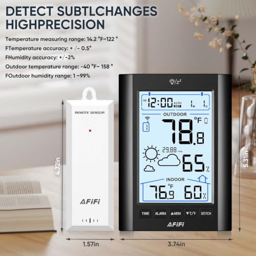 Indoor Outdoor Thermometer Hygrometer Wireless Weather Station - Inside Outside Thermometers Hygrometer Monitor with 330ft Remote Sensor, Battery Powered, Backlight Display (All Black) - color: All black