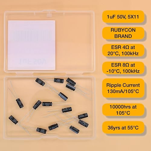 1uF 50V 5x11mm Rubycon Electrolytic Capacitor Low ESR 4Ω Long Life 36yrs at 55 Degree C mfd mircofarad Micro Farad C Radial Lead Aluminum Capacitors (Pack of 15) - style: 1uF 50V 5x11mm Rubycon