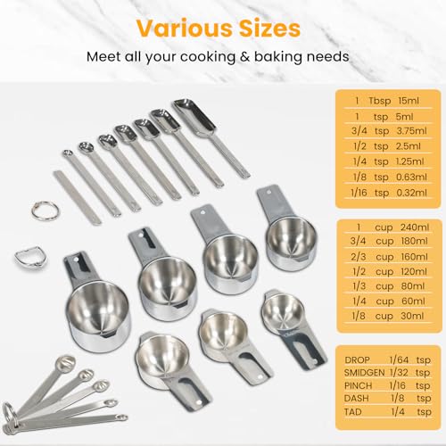 20PCS Measuring Cups and Spoons Set, Includes 7 Stackable Stainless Steel Cups, 7 Rectangular & 5 Mini Measuring Spoons with Leveler Fits Spice Jars, Kitchen Gadgets with Engraved Markings - size: Set of 20