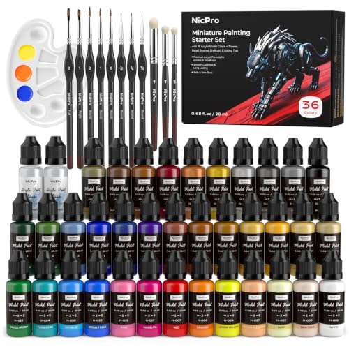 Nicpro All-In-One Miniature Painting Kit, 36 Colors Starter Model Paint Set - color: 36 Colors + 11 Paint Brushes + 2 Thinner + Palette