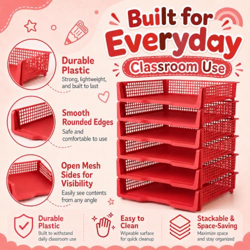 6 Pcs Red Turn in Trays Classroom, Stackable Paper Bins for Classroom, 13x9x2.8 inch Plastic Baskets Desktop Organization System Office (Red) - color: Red