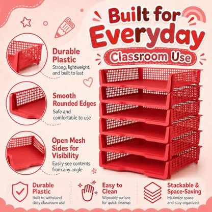 6 Pcs Red Turn in Trays Classroom, Stackable Paper Bins for Classroom, 13x9x2.8 inch Plastic Baskets Desktop Organization System Office (Red) - color: Red