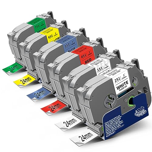 6-Pack 24mm 0.94" Multi-Color Compatible for Brother P Touch Label Tape - color: Black on Clear/White/Red/Blue/Yellow/Green, size: 0.94 inch (24mm)