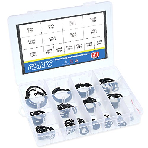Glarks 150-Pieces 15 Size Metric Alloy Steel Internal Circlips Snap Retaining Ring Assortment Kit