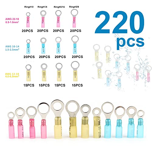 Heat Shrink Ring Terminal Kit, 22-10 AWG, 220PCS - size: Ring 220PCS