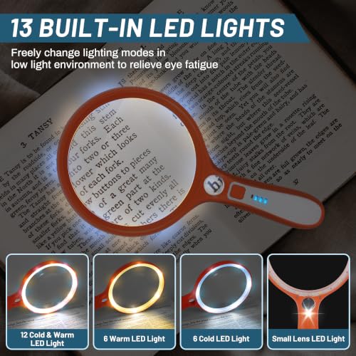 Large Magnifying Glass with Light: 5IN Handheld Illuminated Lighted Magnifier with 13 LED Lights, Rechargeable Magnifier (Orange+White, Magnifier with Light (No Case)) - color: Orange+white