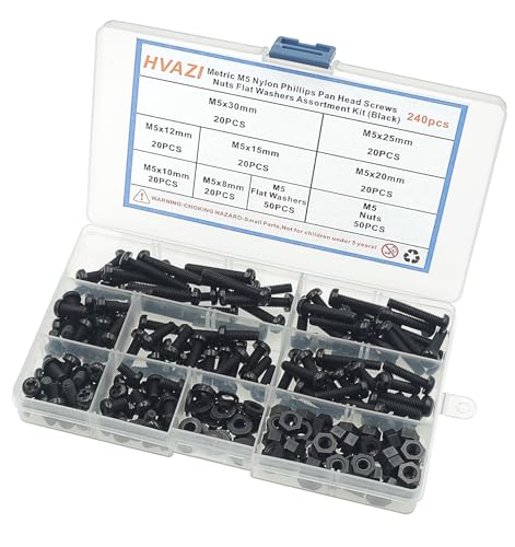Metric M5 Nylon Phillips Pan Head Screws Nuts Flat Washers Assortment Kit (Black-M5) - color: Black-M5