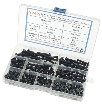 Metric M5 Nylon Phillips Pan Head Screws Nuts Flat Washers Assortment Kit (Black-M5) - color: Black-M5