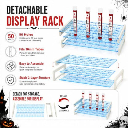 Havawish 50 Pcs Halloween Blood Type Kit 10ml Test Tubes with Rack Sticker