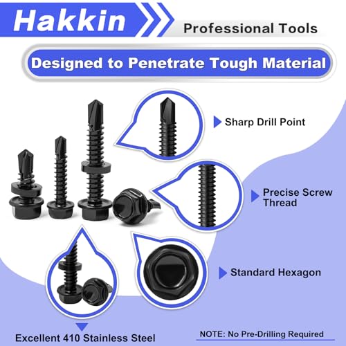 #8#10#14 470Pcs Self Drilling Screws for Metal, Hakkin Self Tapping Tek Screw Assortment Kit, Black Oxide 410 Stainless Steel Sheet Metal Screws Hex Washer Head 1/2" 3/4" 1" 1-1/2", Socket Included - size: M. #8#10#14