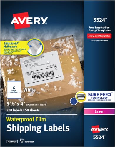 Avery Durable Waterproof Shipping Labels with Sure Feed Technology, 3-1/3" x 4", White, Laser Compatible, 300 Blank Labels Total, Great for Mailing, Branding, and More (5524) (Pack of 5) - size: 3 1/3" x 4" (Pack of 5), style: 300 labels