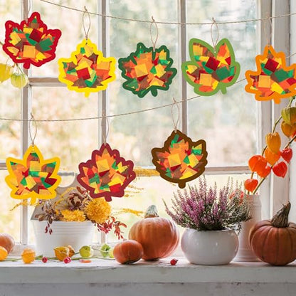 CJiangpo 24 Sets Fall Maple Leaves Suncatcher Paper Craft Kits, DIY Stained Glass Effect Window Ornament Rainbow Tissue Paper Art Craft Classroom Activities Supplies Thanksgiving Party Decor - style: Maple Leaves