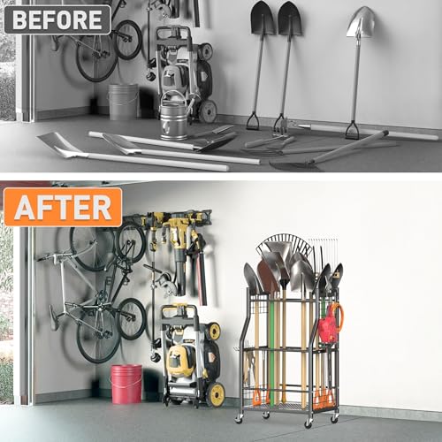 TORACK Garden Tool Organizer with Wheels, Rakes Shovels Yard Tools Stand - style: Mid-size Tool Stand