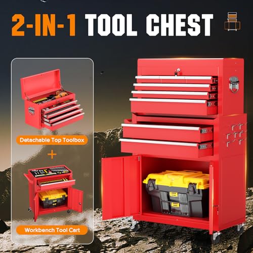 Oakcloud Heavy-Duty 8-Drawer Rolling Tool Chest & Cabinet Combo with Black Liner – Lockable Steel Garage Tool Box on Wheels – Detachable Top Toolbox & Bottom Storage Cart with Side Hooks, Red - color: Red, size: 8-Drawer