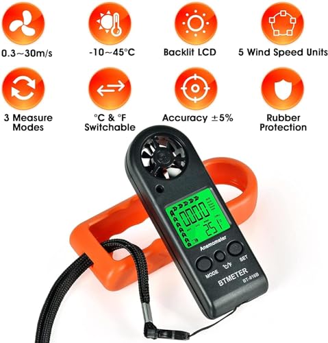 BTMETER Anemometer Handheld Wind Speed Meter BT-816B (Range: 0.2–67 MPH) - color: Orange