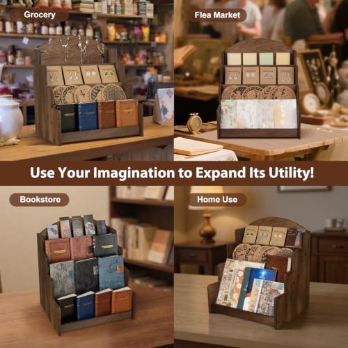 PUERSI Greeting Card Display Stand, Wooden 4-Tier Postcard Display Stand - color: Brown