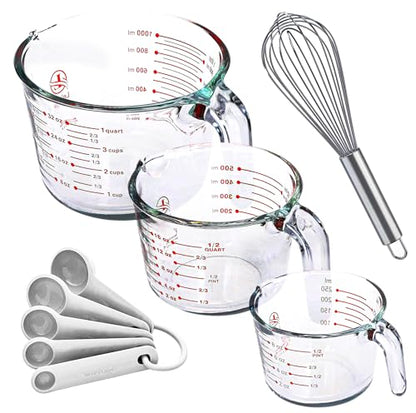 Le'raze Set of 3 Glass Measuring Cups with Measuring Spoons & Whisk - Kitchen Mixing Bowl Liquid Measure Cup, Glass Bakeware. 1 cup, 2 cup, 4 cup., Multi Size, Clear